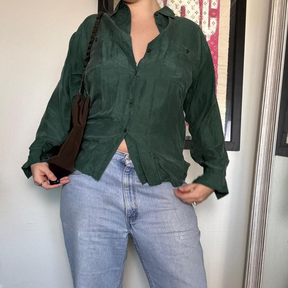 Vintage 90s Forest Green Silk Button-Up